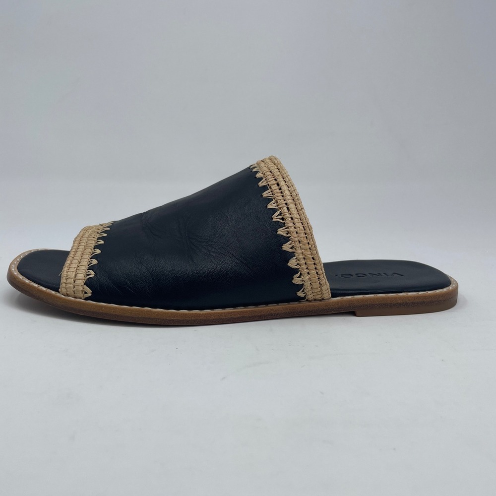 Vince Padmore Black True Leather Raffia Whipstitch Slide Sandals Resort Open 6.5